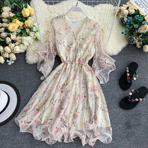 TAOVK Woman V-neck Flared Sleeve Chiffon Flower Print A-Line Dress