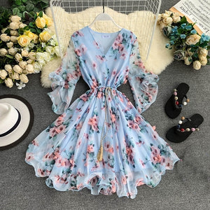 TAOVK Woman V-neck Flared Sleeve Chiffon Flower Print A-Line Dress