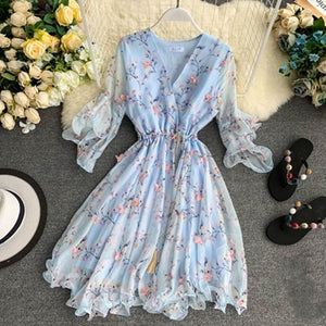 TAOVK Woman V-neck Flared Sleeve Chiffon Flower Print A-Line Dress