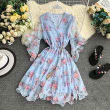 Load image into Gallery viewer, TAOVK Woman V-neck Flared Sleeve Chiffon Flower Print A-Line Dress