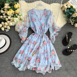 TAOVK Woman V-neck Flared Sleeve Chiffon Flower Print A-Line Dress