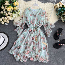 Load image into Gallery viewer, TAOVK Woman V-neck Flared Sleeve Chiffon Flower Print A-Line Dress