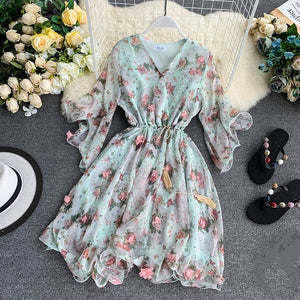 TAOVK Woman V-neck Flared Sleeve Chiffon Flower Print A-Line Dress