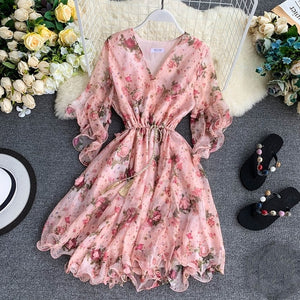 TAOVK Woman V-neck Flared Sleeve Chiffon Flower Print A-Line Dress