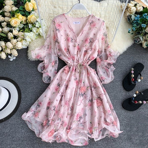 TAOVK Woman V-neck Flared Sleeve Chiffon Flower Print A-Line Dress