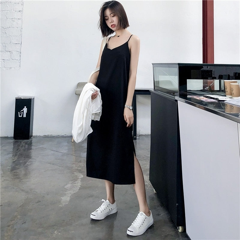 black vest maxi dress Threadbare Women's 2-in-1 Knitted Vest Maxi Dress in Black
